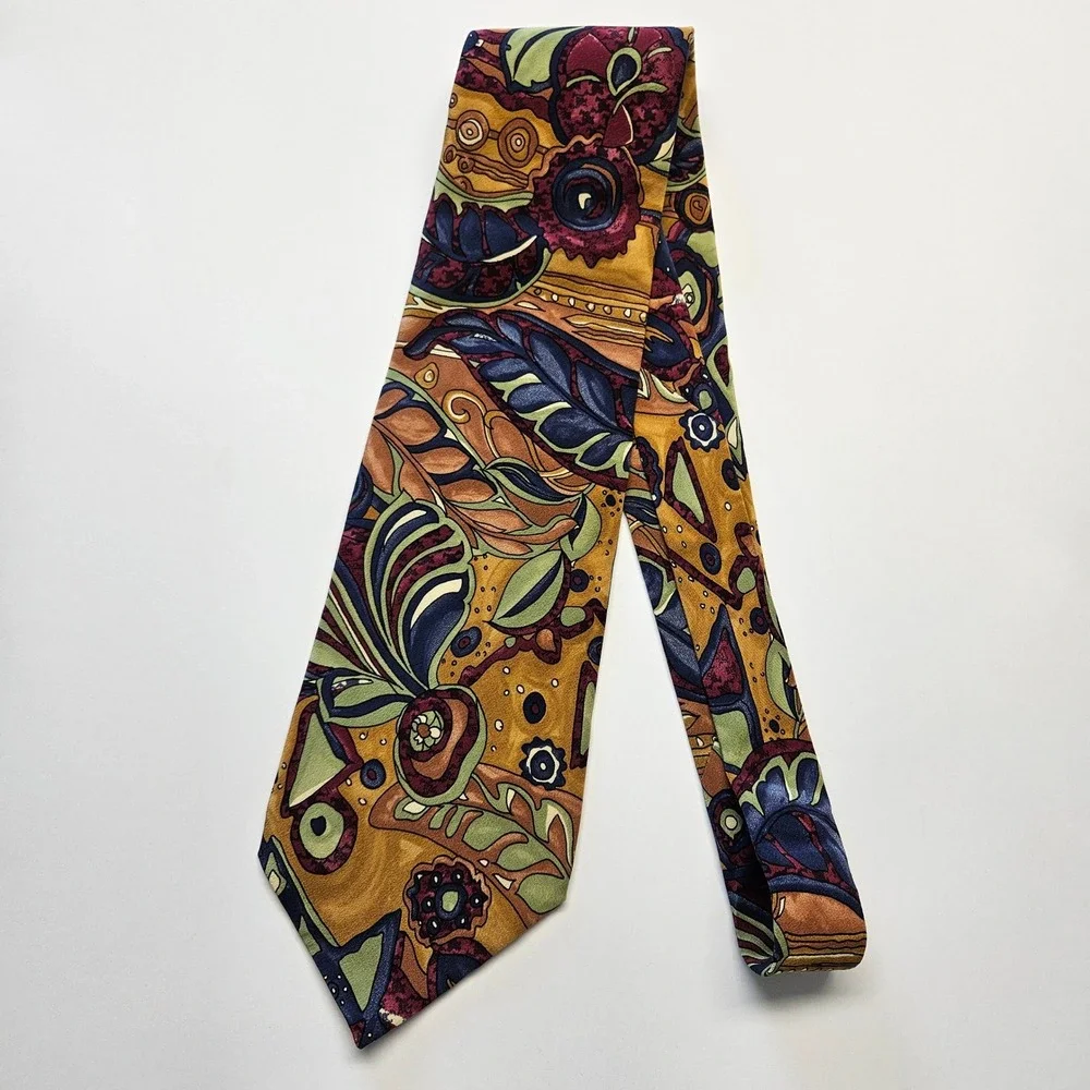 Paolo‎ Da Ponte Italy Mens Silk Tie Abstract Floral Botanical Gold Blue Green